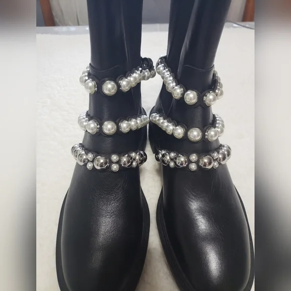 NWT Zara Black Leather Faux Pearl Accents Ankle Boots Size 38 - Picture 7 of 13